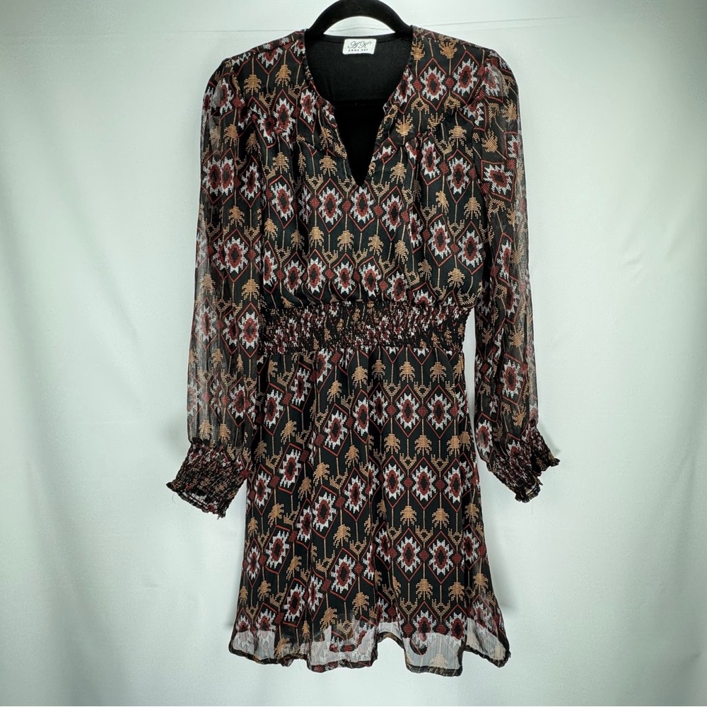 Sacci Black Multi Token-Print Chiffon Mini Dress